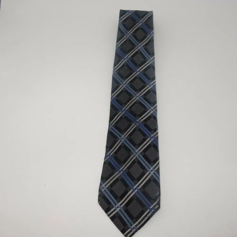 Michael Kors Classic Men's Tie Gray Black Blue Windowpane Argyle Stripe